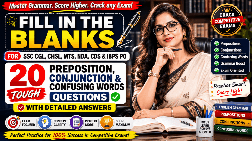 Fill in the Blanks for SSC CGL, CHSL, MTS, NDA, CDS & IBPS PO: 20 Tough Preposition, Conjunction & Confusing Words Questions with Detailed Answers fill blanks